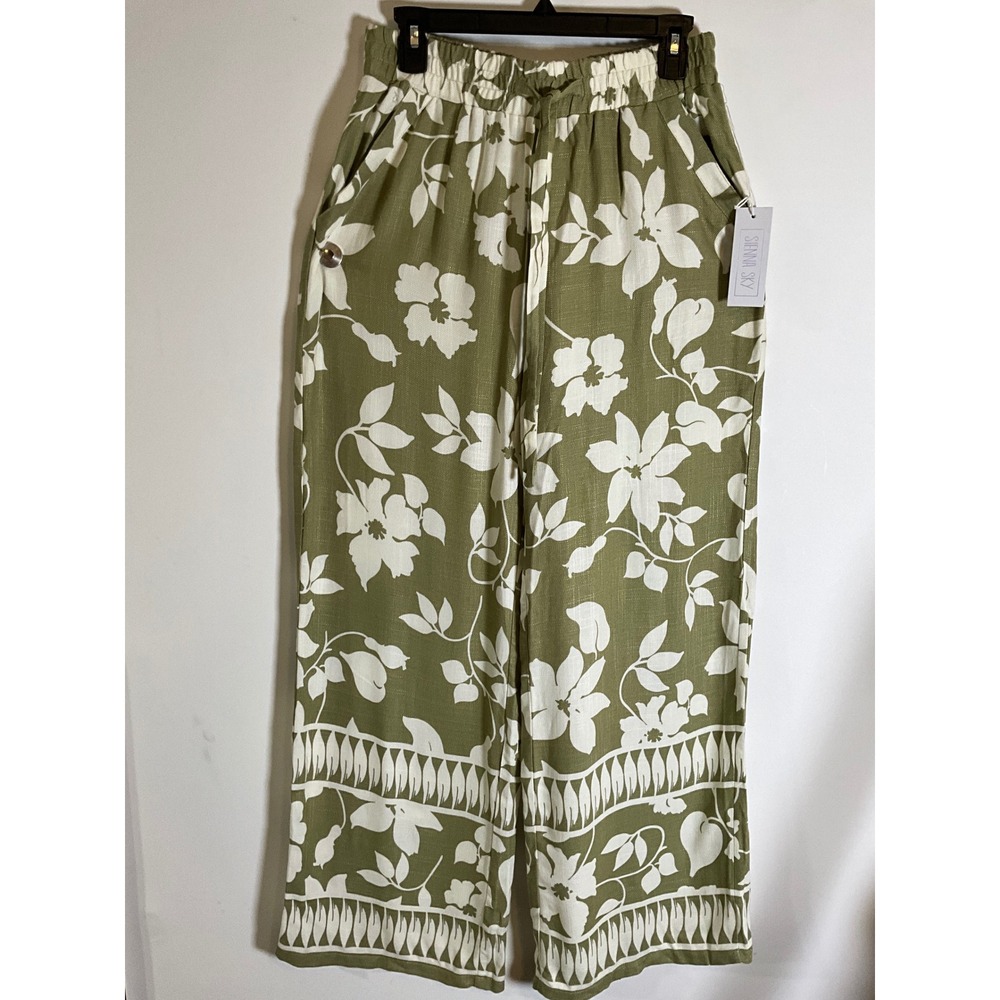 Sienna Sky Olive Green Floral Wide Leg Linen Blend Pants XL CP670B-FPP